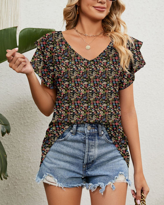 Floral Print T-shirt with Ruffle Sleeves