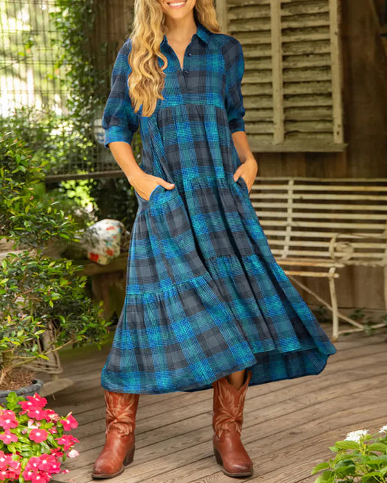 Lapel Plaid Half-Sleeved Dress