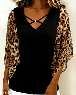 Batwing sleeve leopard print patchwork blouse