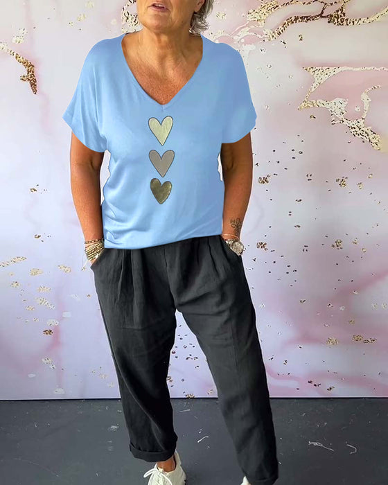 V-neck short-sleeved heart blouse