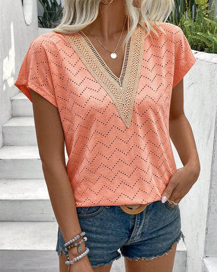 V-Neck Cut-Out Solid Color T-Shirt