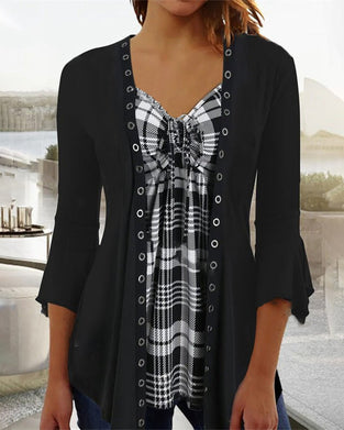 3/4 Sleeve Plaid Panel Top