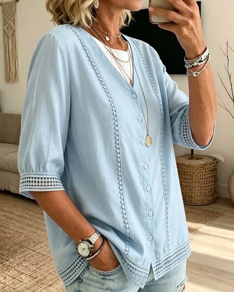 V-Neck Button Lace Blouses