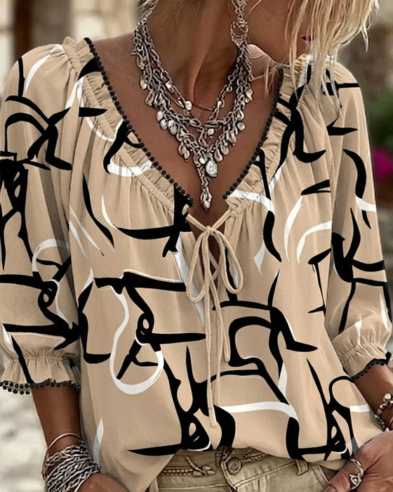 Abstract Print V-Neck Lace-Up Blouse