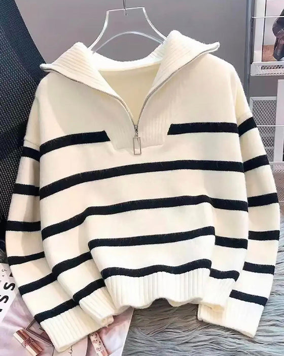 Lapel Zip Striped Long-Sleeve Pullover