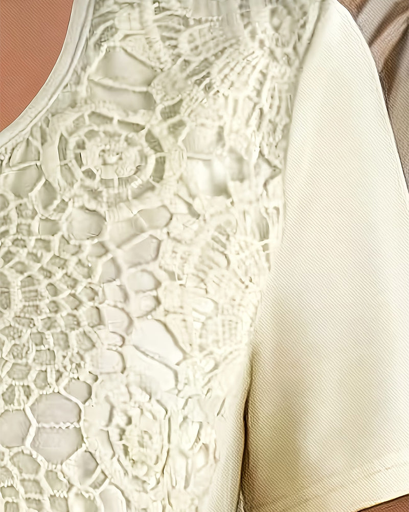 Lace Panel Short Sleeve Beaded Button Blouses