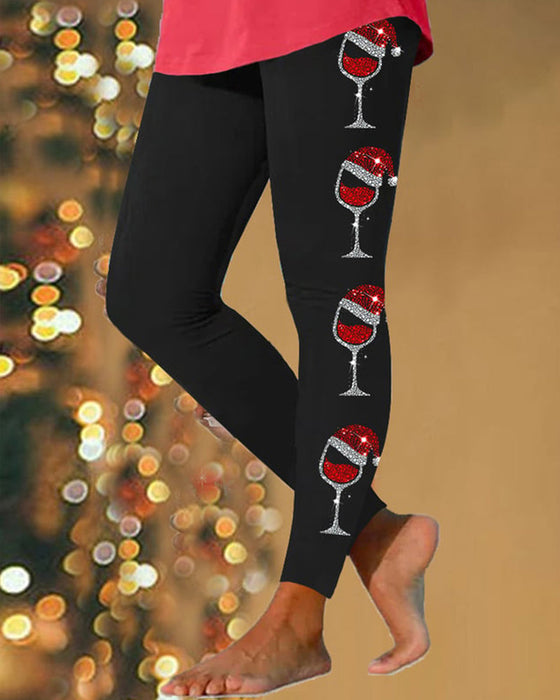 Women's merry christmas shiny wine glass print leggings