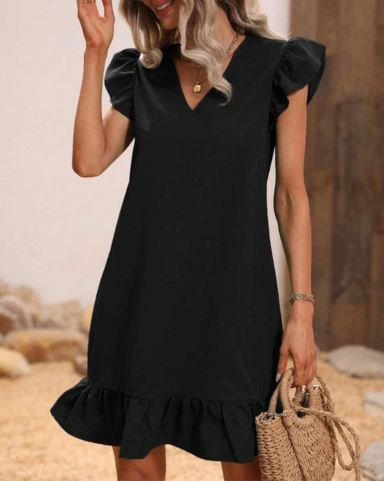 V-Neck Flutter Sleeve Ruffle Short Dresses