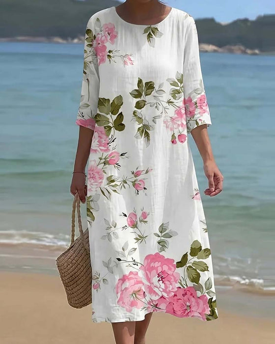 Crewneck Print Three-Quarter Sleeve Loose Dresses