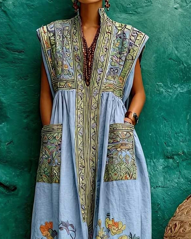 Retro Print Pocket Sleeveless Long Dress
