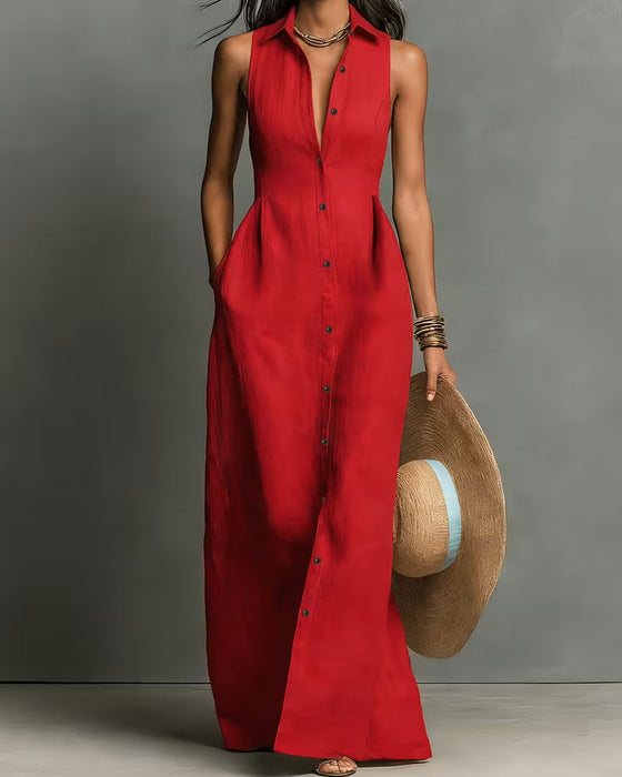 Sleeveless Collared Shirt Maxi Dress