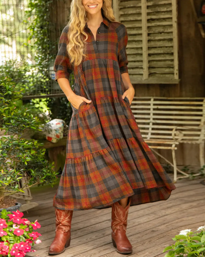 Lapel Plaid Half-Sleeved Dress