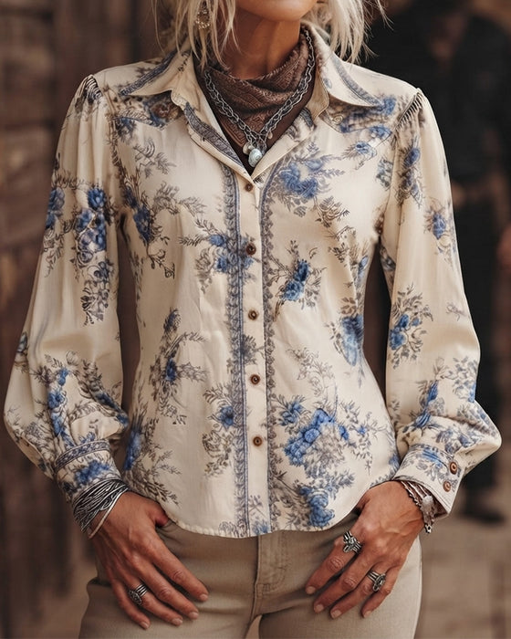 Vintage-Style Floral Long-Sleeve Shirt With A Collar