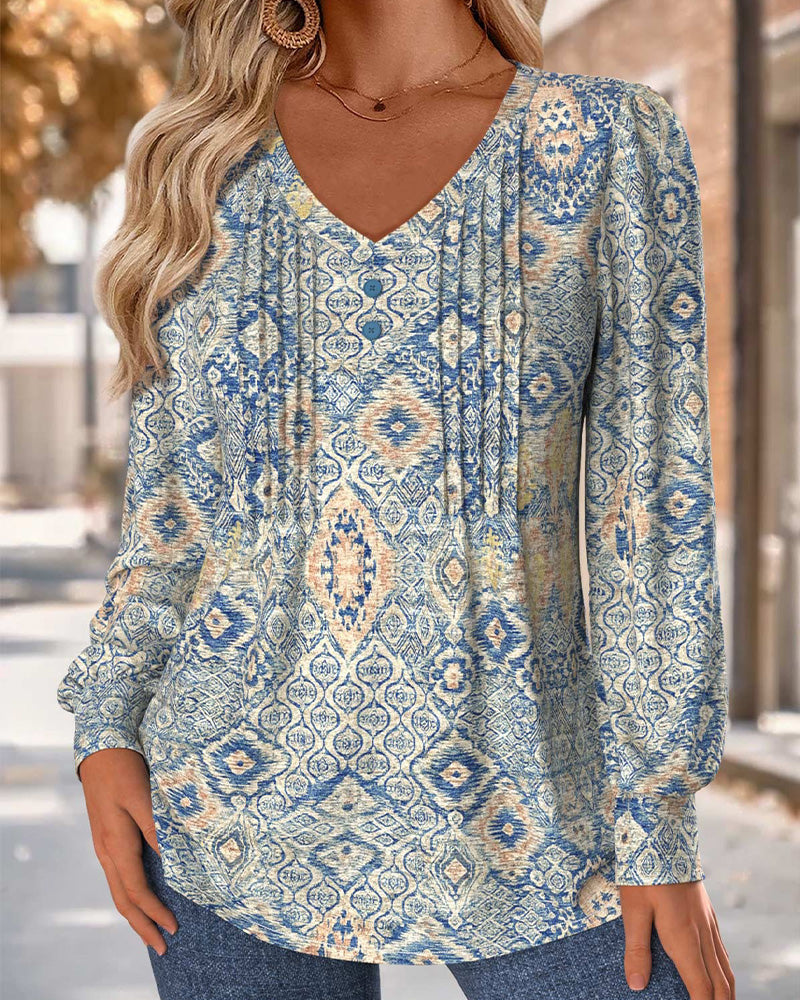 V-Neck Shirred Casual Blouse