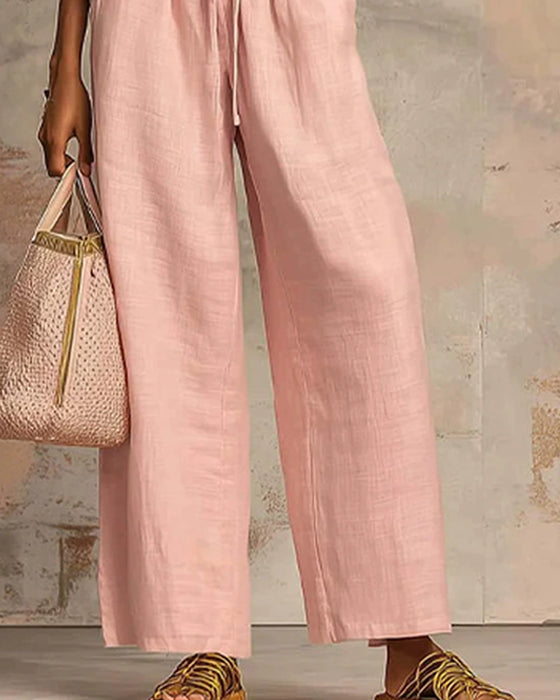 Zipper Crewneck Top Wide Leg Pants Two-Piece Sets