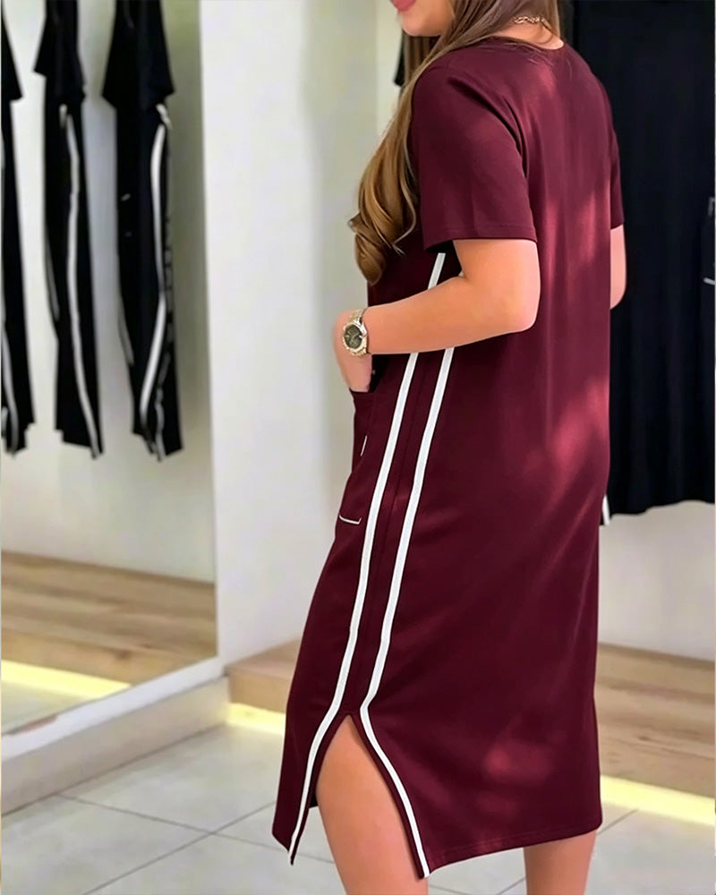 Side White Stripe Pocket Straight Dress