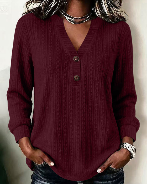 Solid Color Ribbed V-Neck Button-Down Top