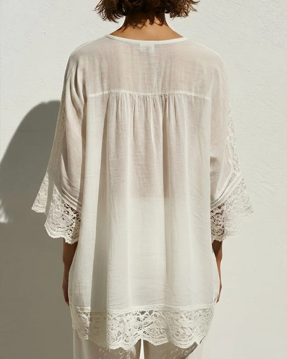 Solid-Color Lace V-Neck Blouse