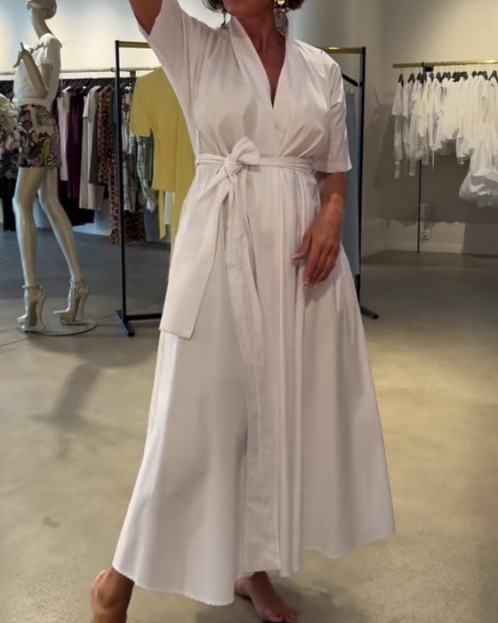 V-Neck Tie Waist Full Skirt Dress