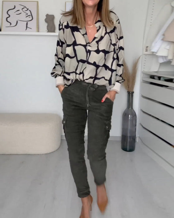 Trendy V Neck Printed Blouse