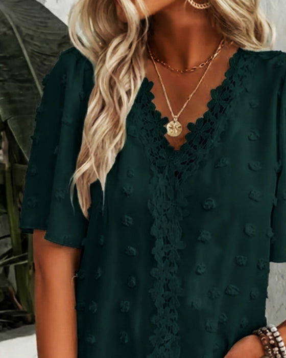 Spliced Jacquard Ruffle Sleeve Blouse
