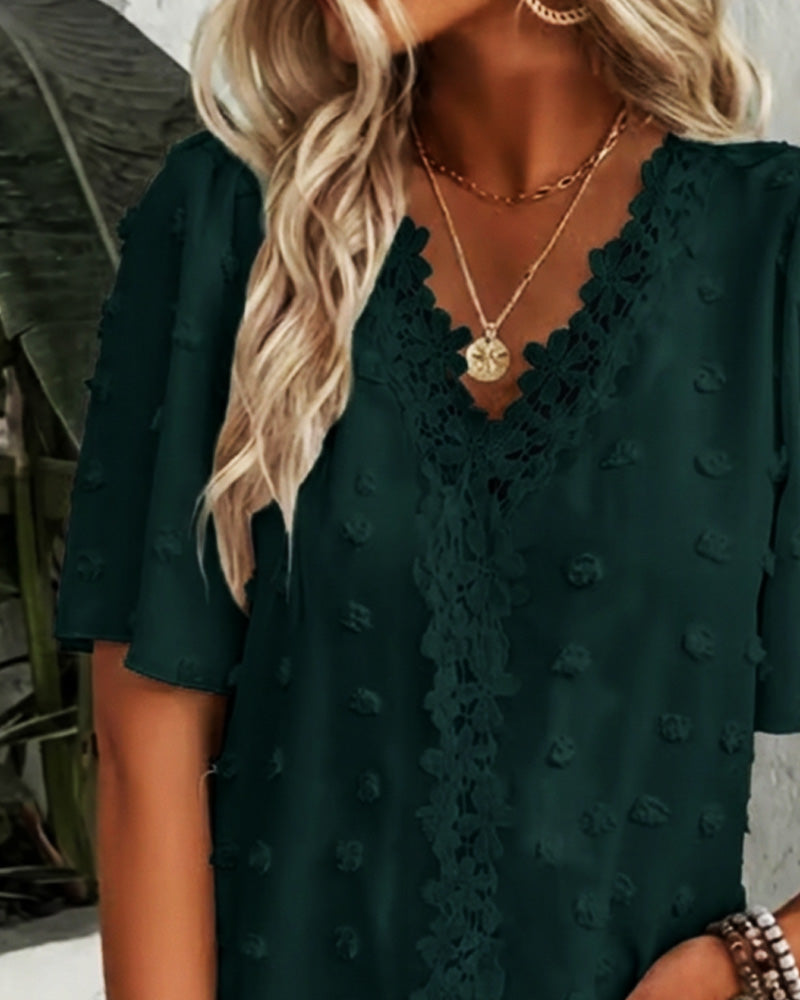 Spliced Jacquard Ruffle Sleeve Blouse