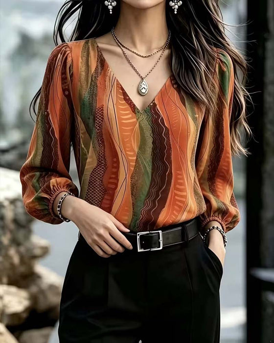 V-neck Puff Sleeve Color-Block Long-Sleeve Top