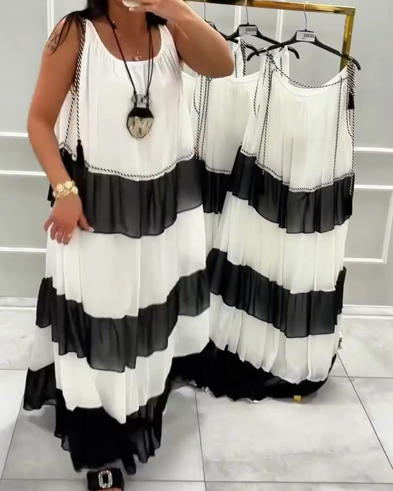 Round Neck Sleeveless Color Block Dress