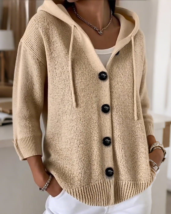 Solid Color Hooded Single-Breasted Cardigan