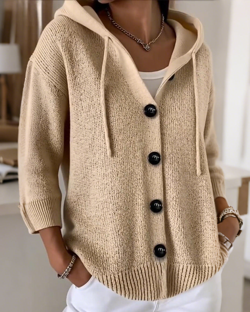 Solid Color Hooded Single-Breasted Cardigan