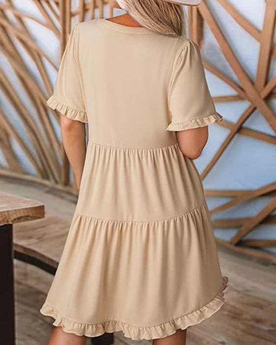 Ruffle Trim V-Neck Tiered Hem Dress