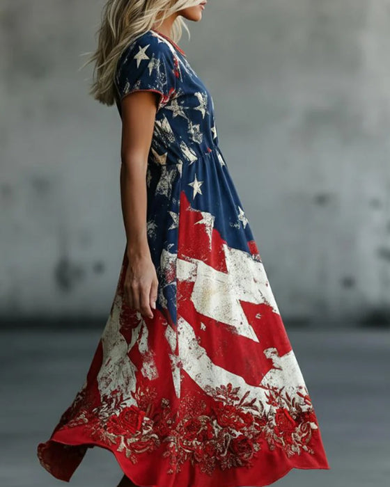 Flag Crew Neck Waist A-Line Dress