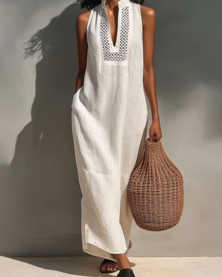 V-Neck Sleeveless Hollow Out Mesh Dress