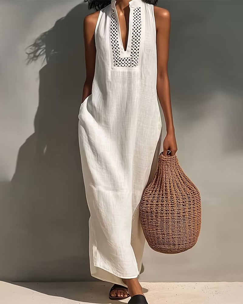 V-Neck Sleeveless Hollow Out Mesh Dress