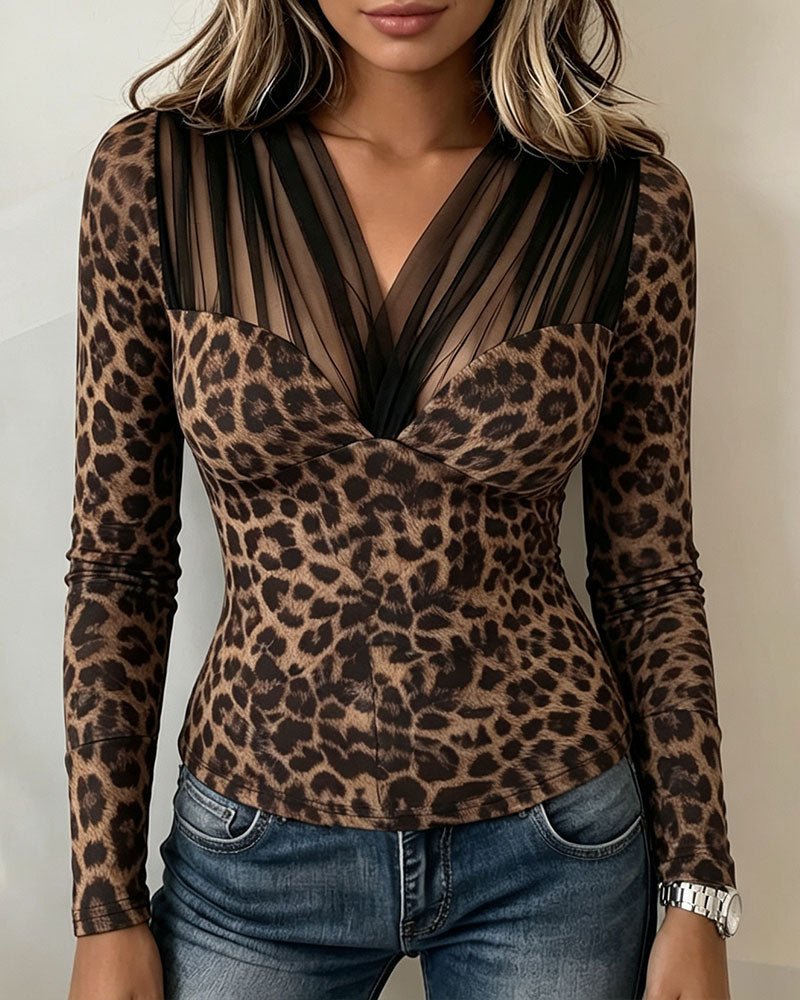 Sheer V-Neck Leopard Top