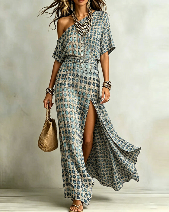 Off-Shoulder Polka Dot Slit Dress