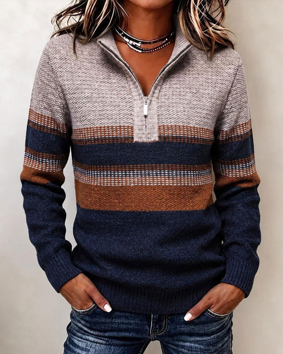Lapel Zipper Striped Contrast Pullover