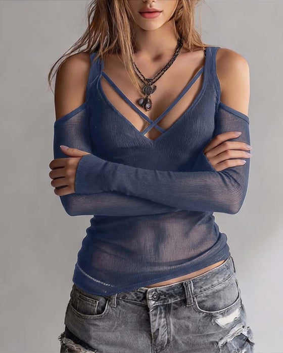 Crisscross V-Neck Off-Shoulder Blouse