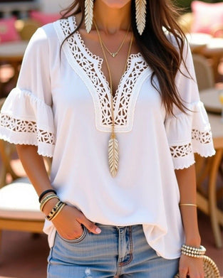 V-Neck Geometric Hollow Out Lace Blouse