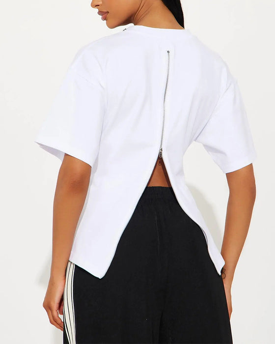 Loose Drop Shoulder Back Zip T-Shirts