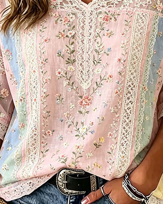 V-Neck Lace Patchwork Contrast Floral Blouse