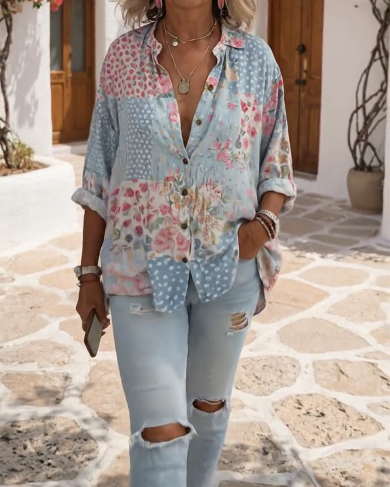 Ditsy Print Stand-Collar Shirt