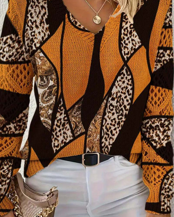 V-Neck Hollow Leopard Print Pullover