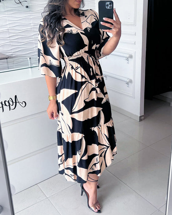 V-neck three-quarter sleeve drawstring elegant dress