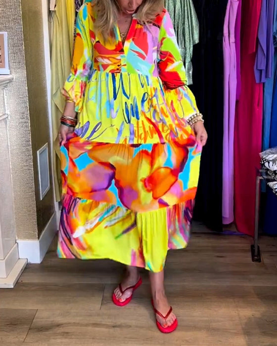 Flared Sleeve Printed Dress