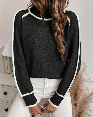 High collar contrast color simple pullover sweater