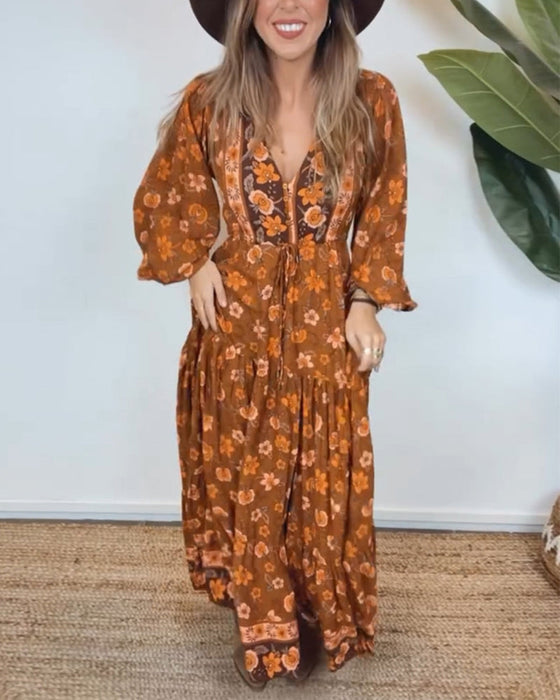 Vintage floral print V-neck lantern sleeve dress
