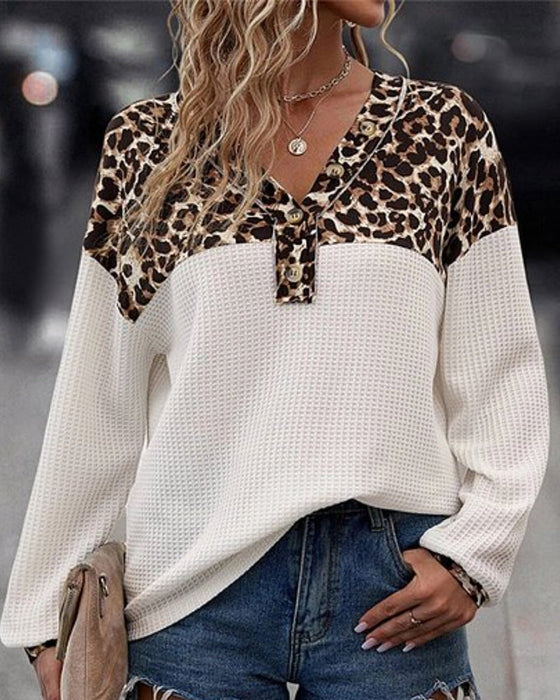 Casual leopard print V-neck buttoned sweatshirt