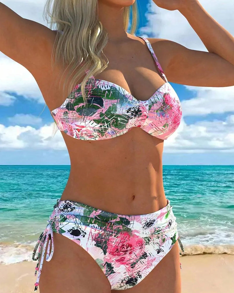 Pink and White Rose Print Bikinis