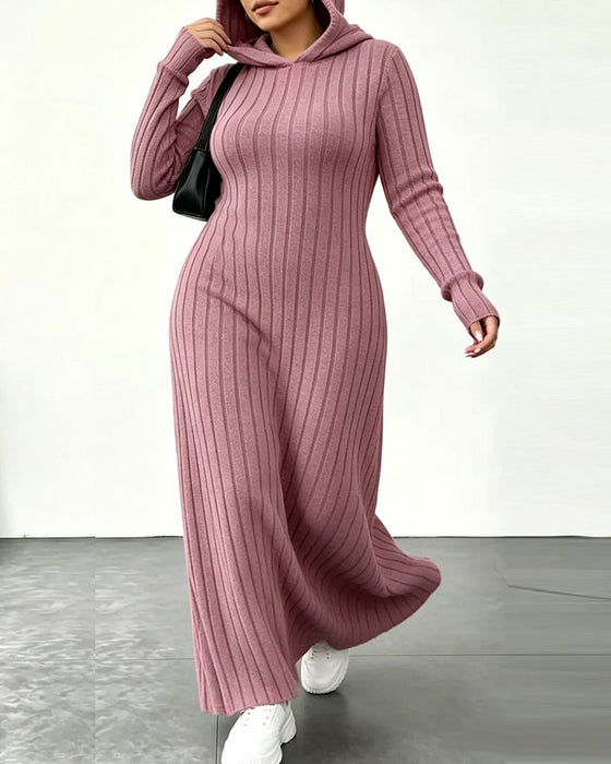 Hooded Pocket Ribbed Fitted Dress